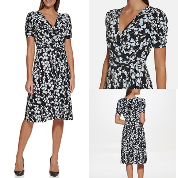 Tommy Hilfiger Dresses & Skirts - Tommy Hilfiger Women's Blue Black Floral Tie-Neck Puff Sleeve Casual Day Dress